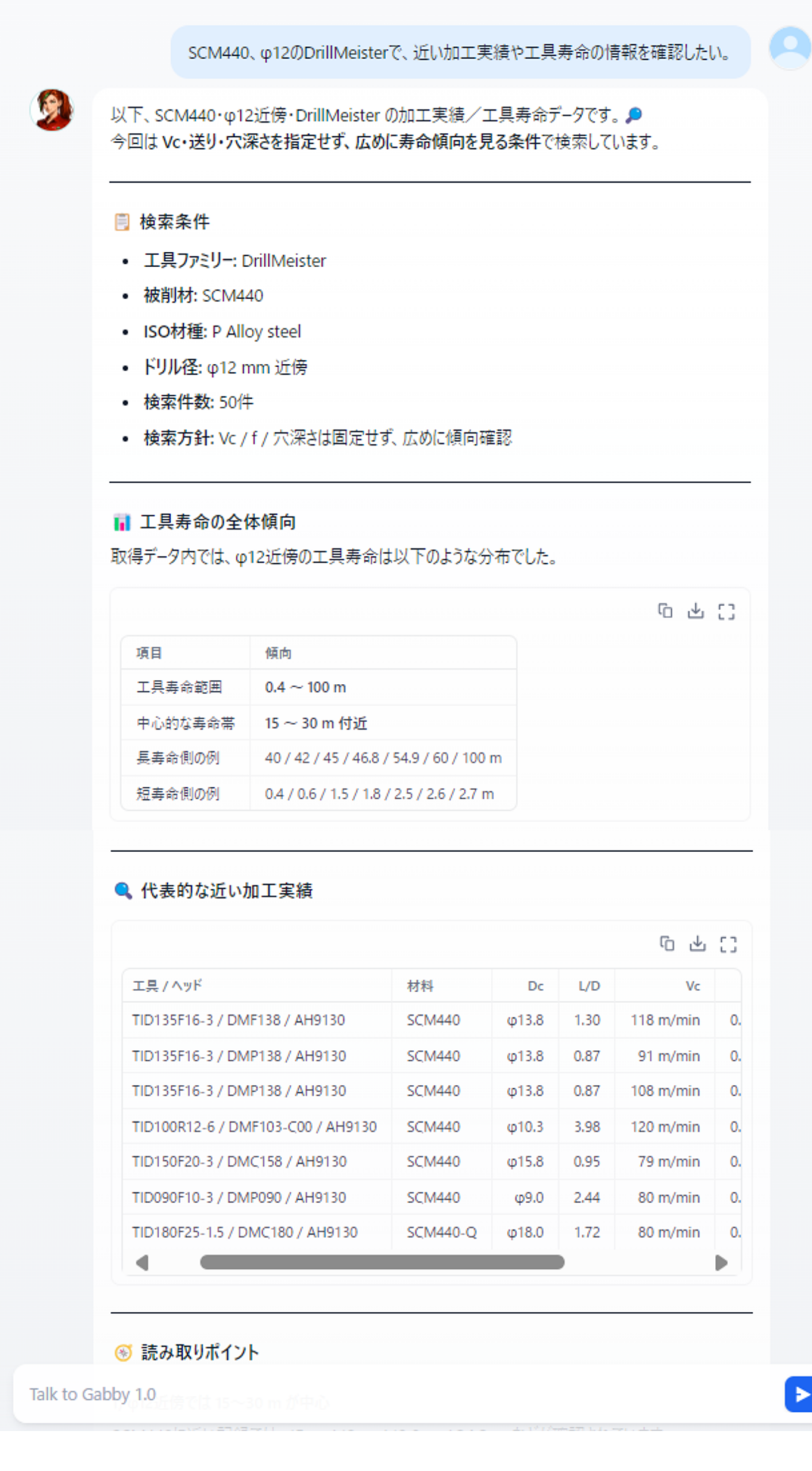 ヘッド交換式ドリルの加工実績や工具寿命を確認するGabbyの会話画面