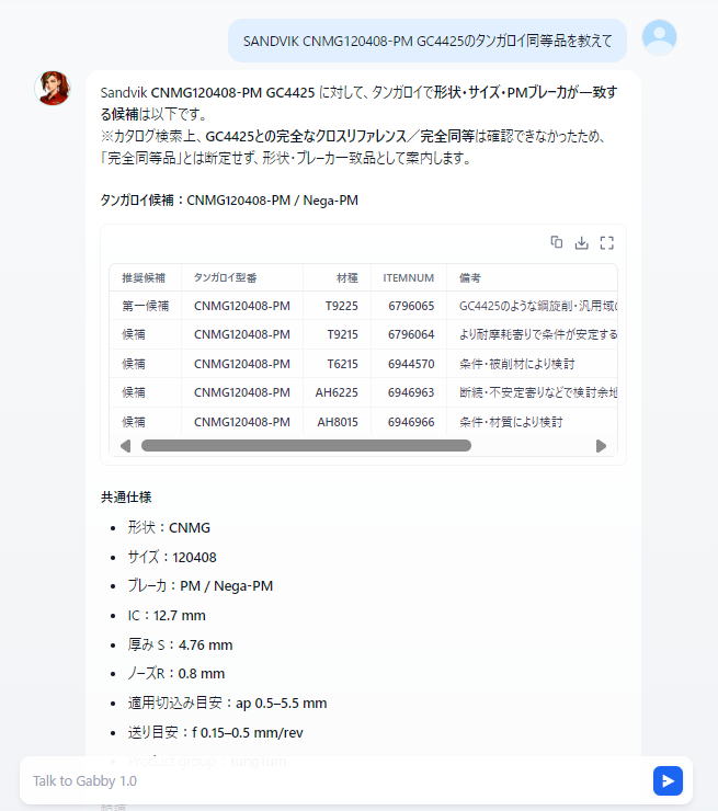 他社品に近いTungaloy候補を比較して探すGabbyの会話画面