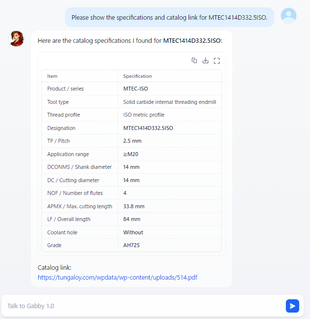 Zaslon razgovora s Gabbyjem na engleskom jeziku za provjeru specifikacija artikla i informacija iz kataloga